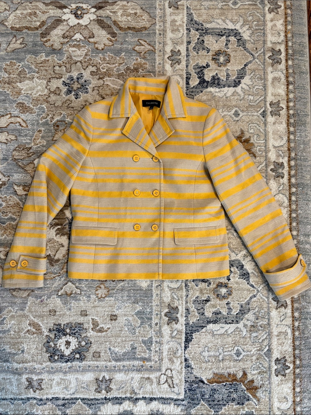 Talbots Yellow and Cream Striped Double-Breasted Jacket size 4